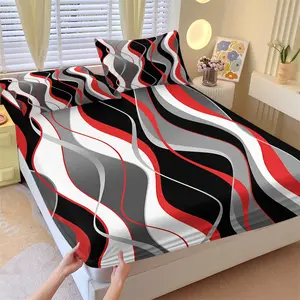 Modern Abstract Wavy Stripe Fitted Sheet Set, 1 Fitted Sheet + 2 Pillowcases, Red Black Grey Wave Print Bedding, Soft, Comfortable & Breathable Microfiber, All Season Decor, Deep Pocket, Non-Slip, Contemporary Style