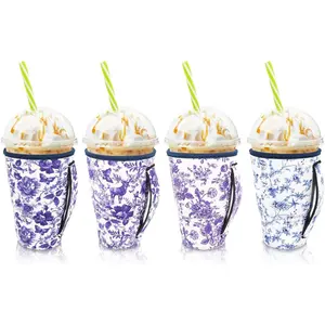4Pack Reusable Iced Coffee Sleeve Insulator Sleeves for Cold Drinks Beverages, Neoprene Cup Holder for Most Coffee, Fits 30-32oz Large Cups (Floral Like China)
