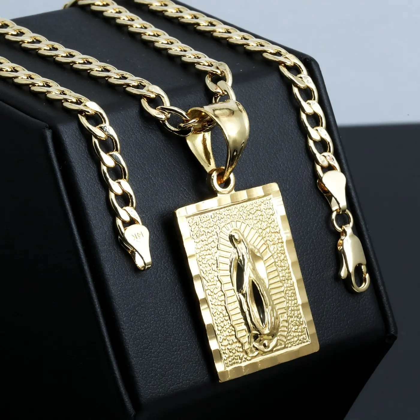 MaxBling81 Guadalupe Blessed Virgin Mary High-End Brass Pendant with 14K Stamped 6mm 20"-24" Long Cuban Chain, Hip Hop Statement Fashion Costume Jewelry Necklace