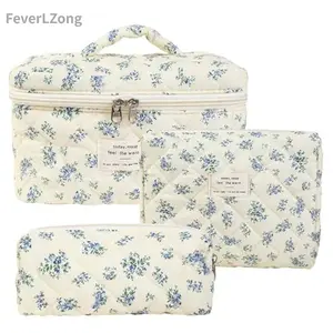FeverLZong Padded Cotton Cosmetic Bag Set Cute Makeup Bag for Women Travel Cosmetic Bags Quilted  Aesthetic Floral Toiletry Organizer Bag(3 Pcs) Durable