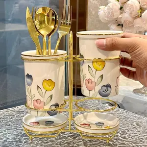 Flower Pattern Storage Jar, 1 Set Modern Kitchen Utensil Double Tube Holder with Frame, Countertop Storage Organizer for Pot Spatula, Home Organizer for Kitchen, Bottles, Canisters Set