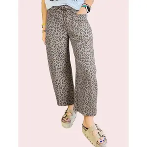 Women's Khaki Leopard Print Wide Leg Jeans with Drawstring Waist and Pockets for Everyday Wear