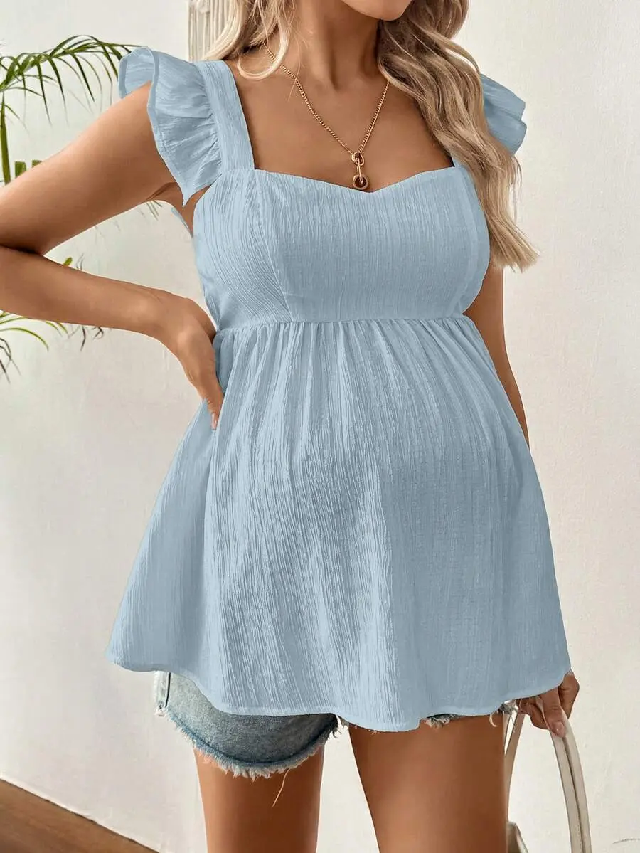 Maternity Summer Casual Solid Color Textured Ruffle Trim Shirt
