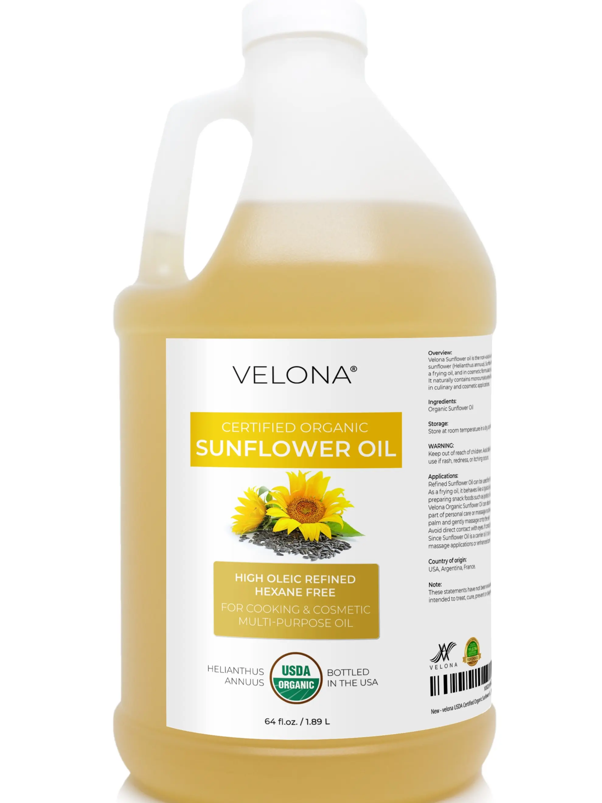 velona USDA Certified Organic Sunflower Oil - 64 Fl Oz | 100% Pure and Natural Carrier Oil | High Oleic, Refined | Cooking, Skin, Hair, Body & Face Moisturizing