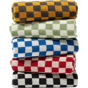 Hand Towels 5 Pack, Cotton Face Towels Soft, Absorbent, and Decorative Checkered for,, Gym, and Spa, 13 x 29 Inches, 5 Colors (5 Colors)