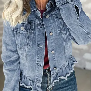 Women's Beau Blue Ruffle Raw Hem Flap Pockets Classic Denim Jacket