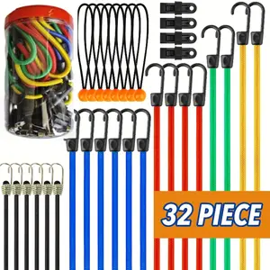 hand tools hurricane straps 32-Piece Heavy-Duty Bungee Cord Assortment Kit - Includes 10", 18", 24", 32", 40" Cords with Strong Hooks, 8" Canopy Tarp Ball Ties, and Durable Tarp Clips for Easy Securing and Organization