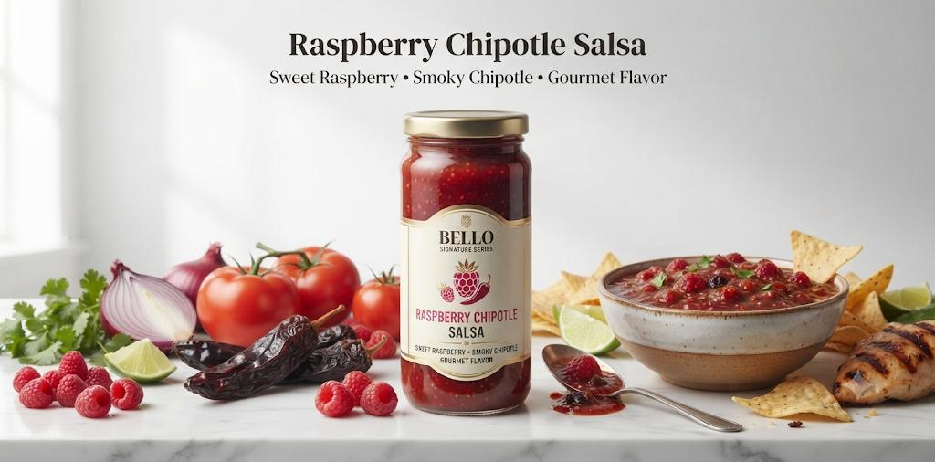 Bello Signature Raspberry Chipotle Salsa – Sweet & Smoky Raspberry Salsa with Chipotle Spice – Premium Gourmet Salsa Dip for Tortilla Chips, Tacos, Nachos, Grilled Meats, Seafood & Everyday Meals – Bold Restaurant Style Flavor