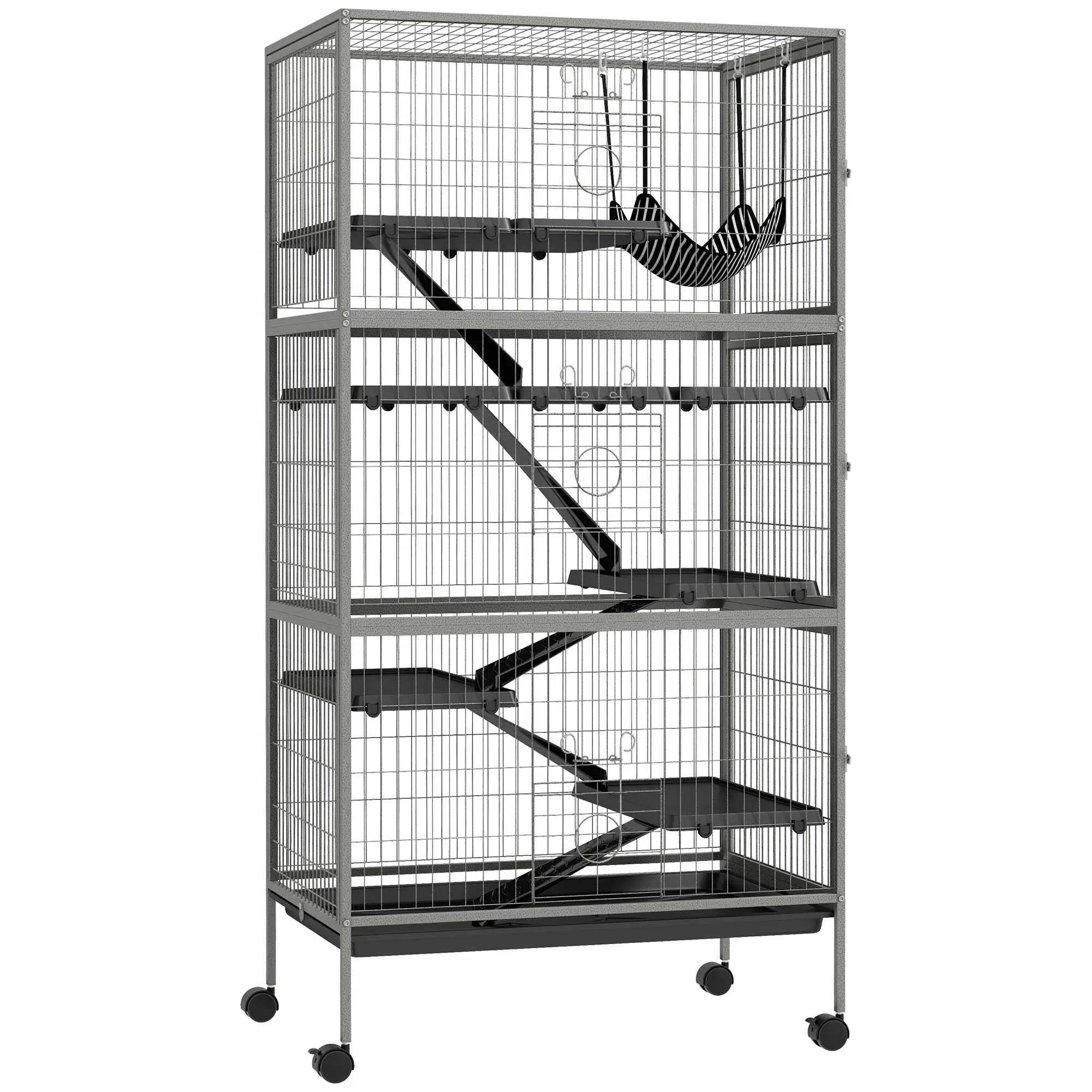 PawHut 50" 5-Tier Small Animal Cage, Ferret Cage, Large Chinchilla Cage with Hammock Accessory & Heavy-Duty Steel Wire, Small Animal Habitat with 4 Doors, Removable Tray, Gray
