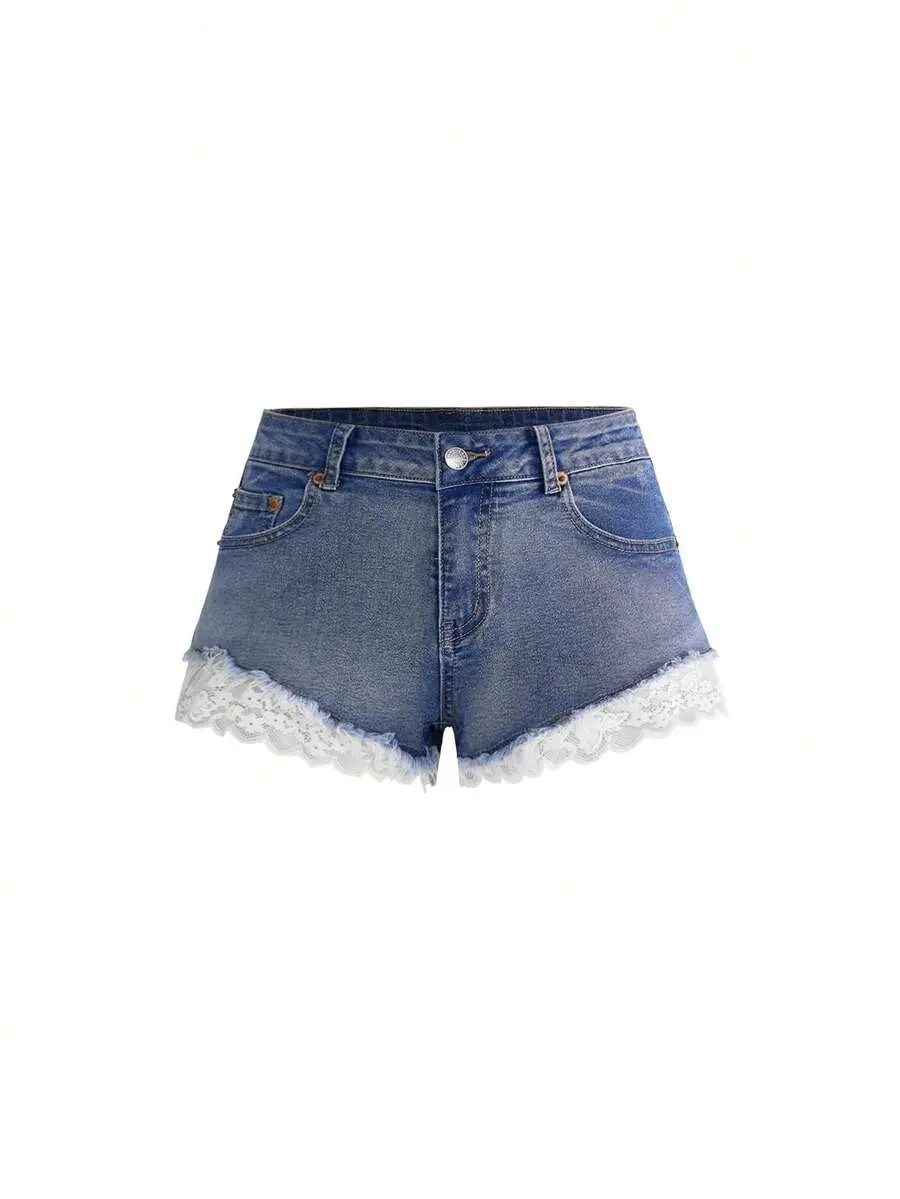 Women's Lace Patchwork Slimming Sexy Denim Shorts Blue And White Striped Summer Vacation - Fall Style, Back To School Style