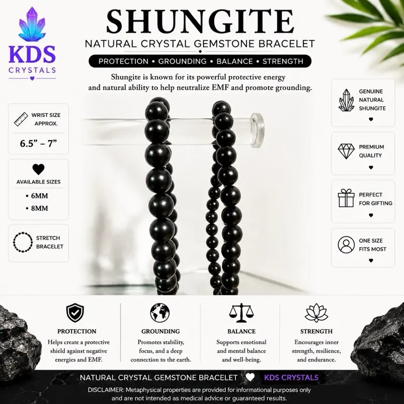 Natural Shungite Crystal Gemstone Bracelet, 6mm-8mm Black Protection Stretch Fit Bracelet, Limited-Time Promotion