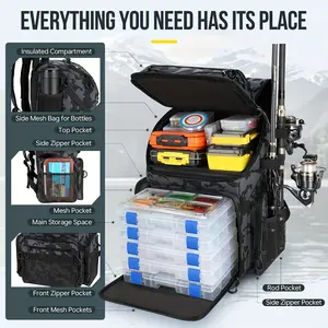 45L Large Fishing Tackle Backpack, Water-resistant Fishing Tackle Bag, Store Fishing Gear For Camping, Hiking, Fishing Gifts For Men Father, Fishing Backpack With Rod Holders & Cooler