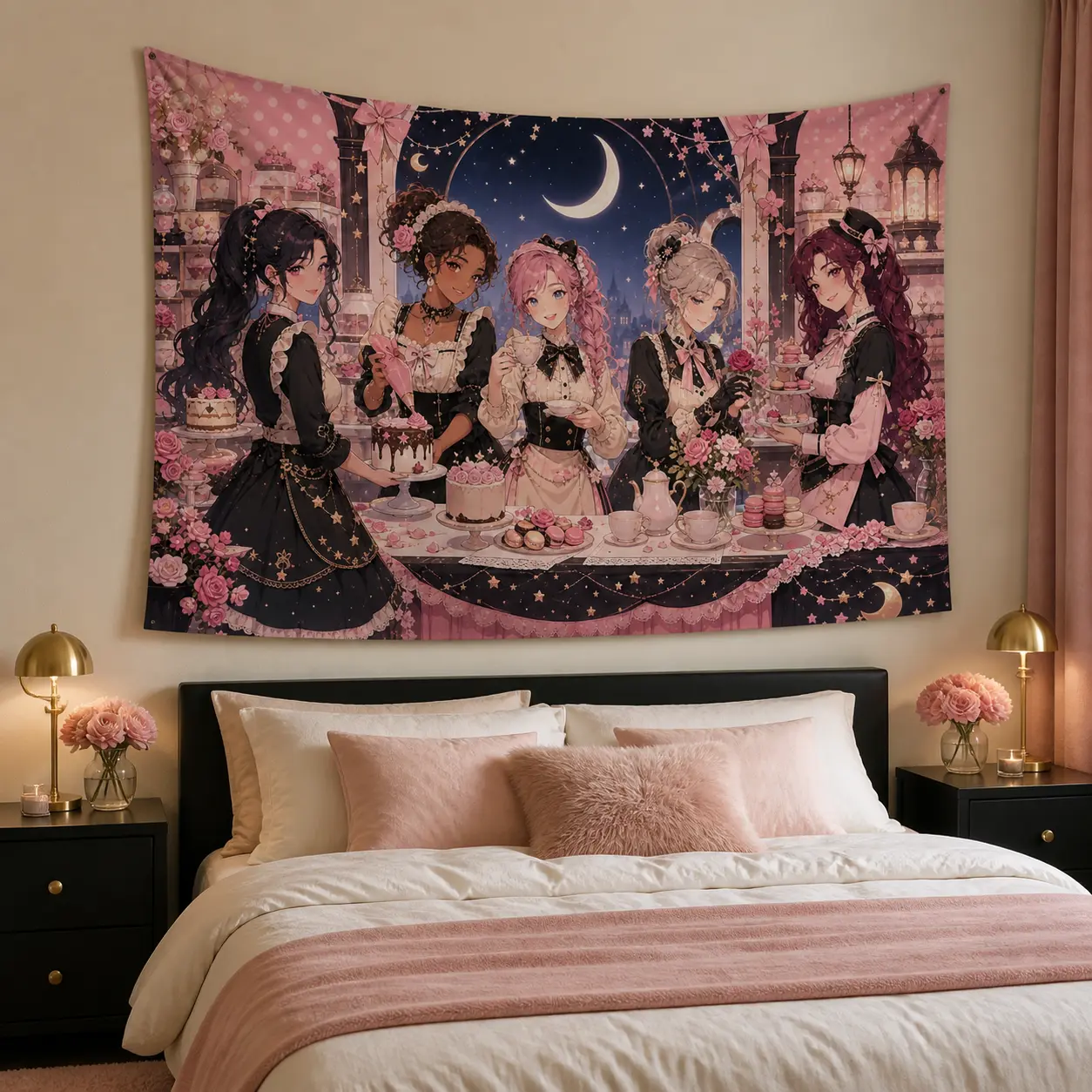 Kawaii Anime Girls Tapestry, Lightweight Linen Fabric Wall Hanging, Pink Japanese Cartoon Wall Art for Bedroom, Dorm, Gaming Room or Party Decor