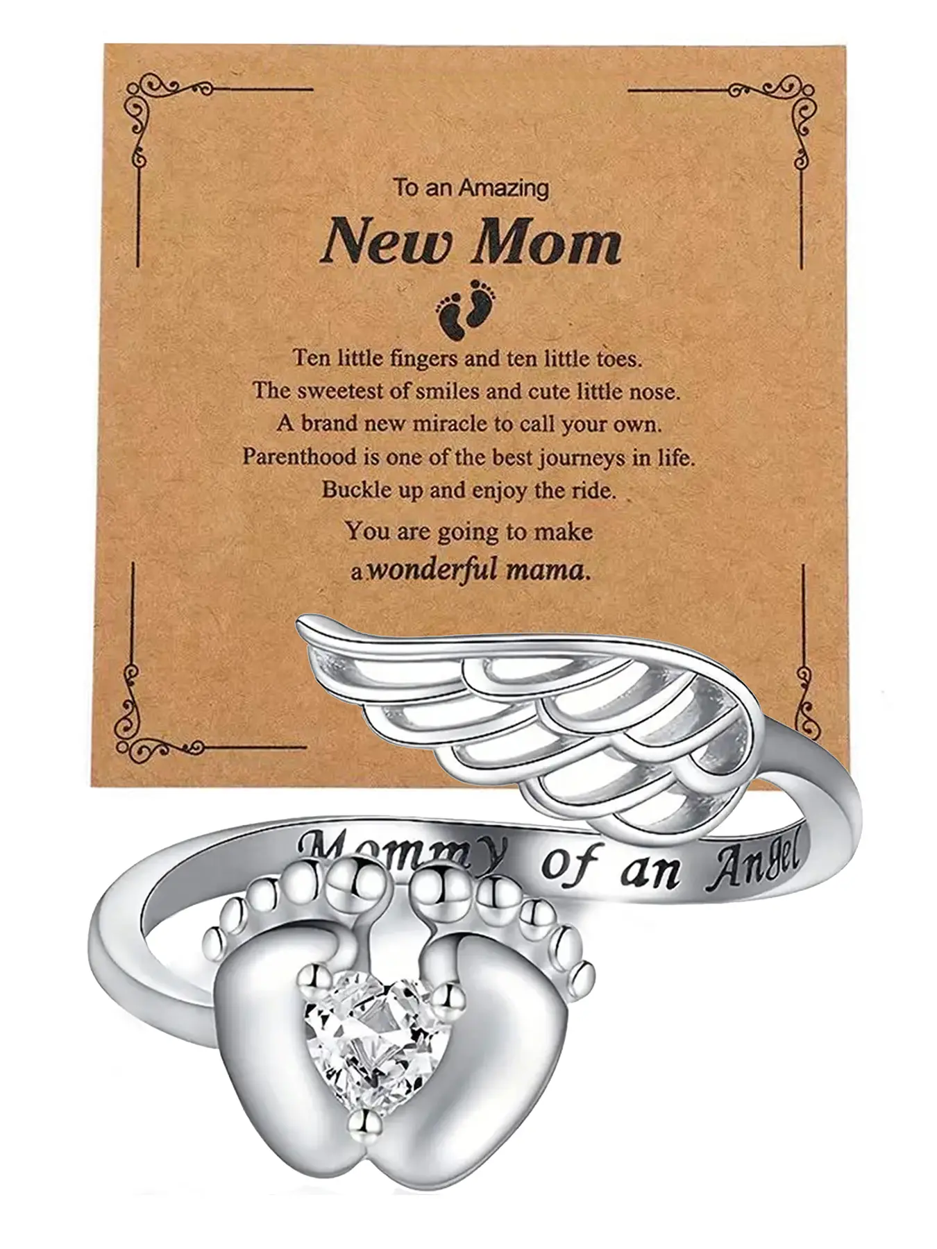 First Mother's Day Gift Angel Mom Cute Footprint Ring, Elegant Fashion Jewelry for New Moms, Perfect Present for Wife