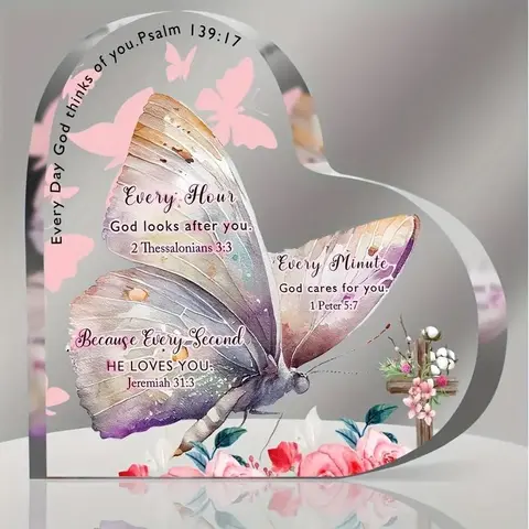 Butterfly Pattern Acrylic Heart Shaped Ornament, Creative Christian Scripture Prayer Inspirational Gift, Table Decoration, Indoor Home Decoration, Modern Home Decoration, Keepsake, Signs, Heart Plaque, Home Decor Gifts