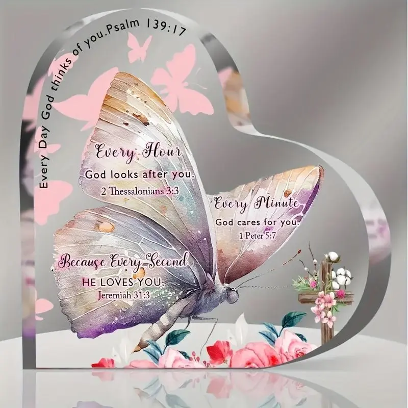 Butterfly Pattern Acrylic Heart Shaped Ornament, Creative Christian Scripture Prayer Inspirational Gift, Table Decoration, Indoor Home Decoration, Modern Home Decoration, Keepsake, Signs, Heart Plaque, Home Decor Gifts