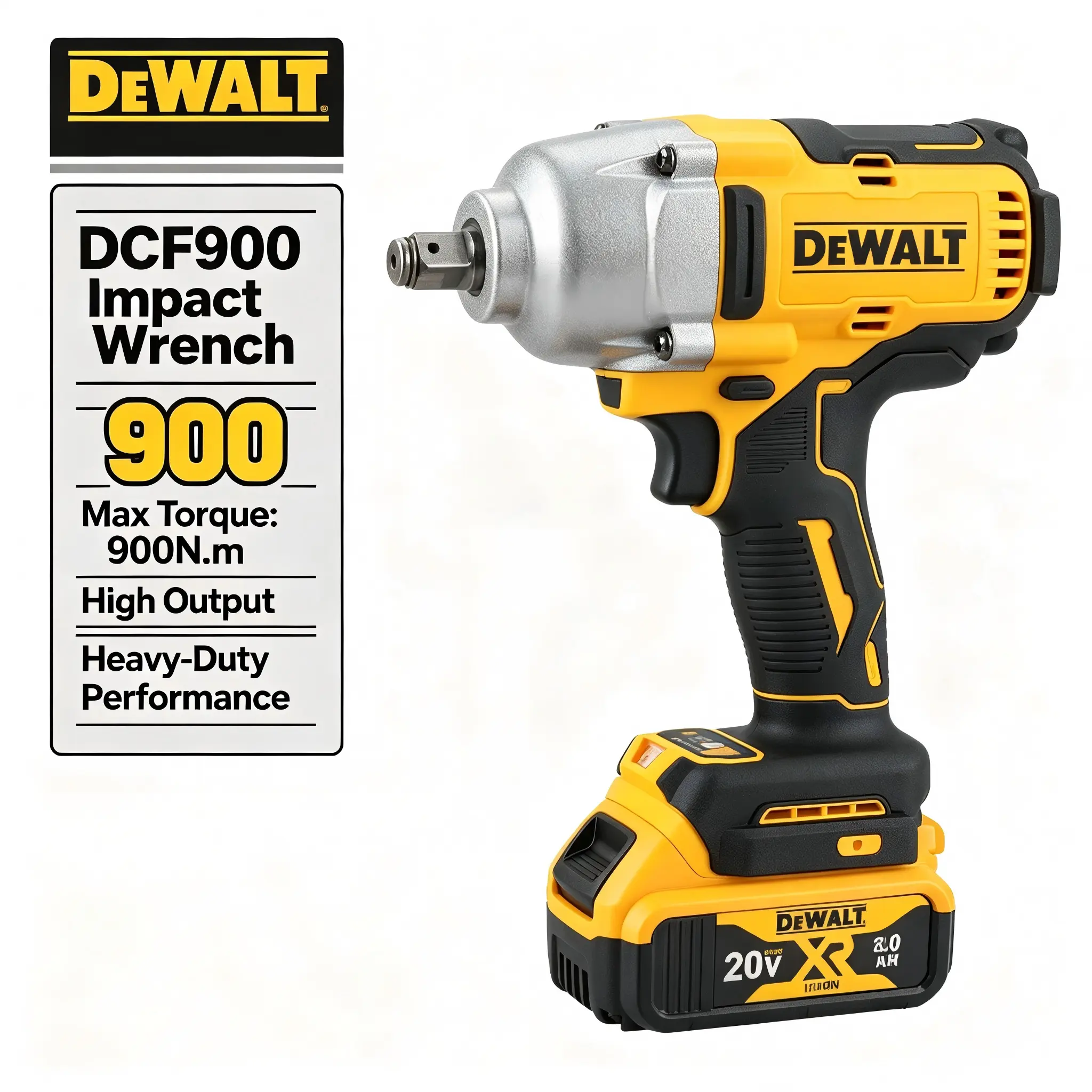 DEWALT DCF900 1/2" Square Drive High Torque Impact Wrench - 900Nm Max Torque, Variable Speed, 0-3200 IPM, 0-2800 RPM, Impact Resistant Heavy-Duty Tool with Runtime Gauge, Overheat Sheath for Automotive Rust Removal cordless truck no-load construction plug