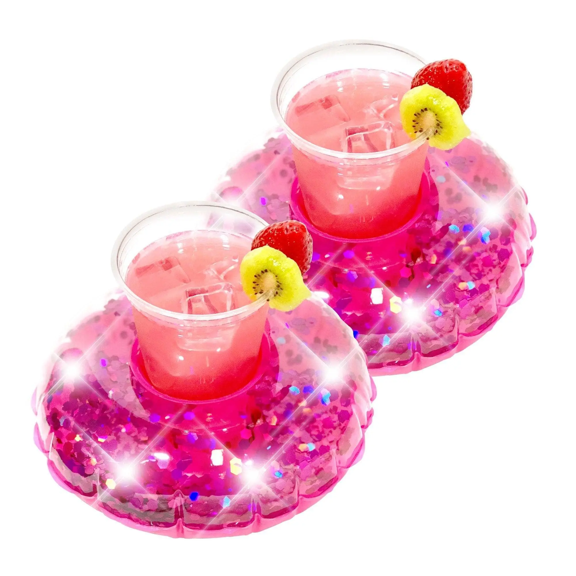 PoolCandy Novelty Glitter Pink 16 oz Plastic Cup Drink Float Set of 2 - Unisex Swimming Pool & Beach Accessory, Holds Can, Bottle or Cup for Water Sports