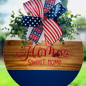 Patriotic Home Sweet Home Wooden Door Hanger with American Flag Bow and Greenery for Patriotic Decor