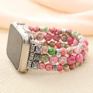 Bohemian-Style Pink Rainbow Jade Bead Apple Watch Band — Women's Elastic Crystal Beaded Wristband, Compatible with 38mm–41mm iWatch Series 10/9/8/7/6/SE/3/2/1