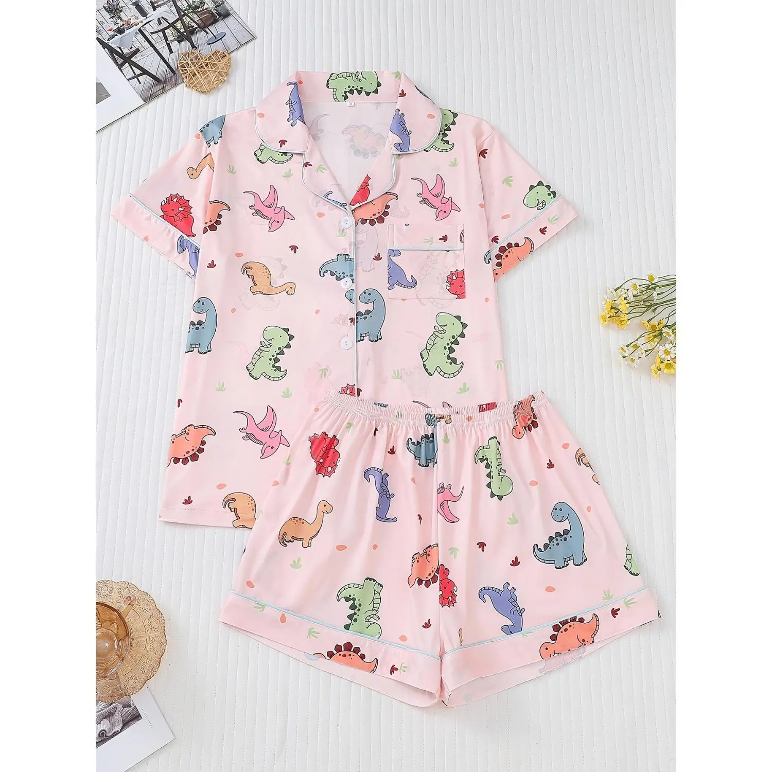 Women's Cute Dinosaur Pajama Set - Cozy Short Sleeve Button-Up Top & Elastic Waist Shorts, Easy-Care All-Season Sleepwear