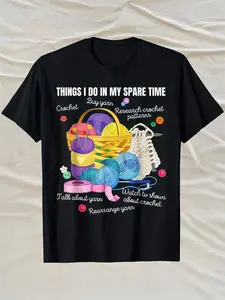 Women's & Men's Crochet Crafts T-Shirt - 100% Cotton 180gsm Heavyweight Yarn Ball & Hook Design with Crochet Terms (Chain Stitch Slip Knot Treble Crochet) - Casual Comfort Fit S-XXXL - Knitting & Crochet Enthusiast Apparel - Machine Washable All-Season We