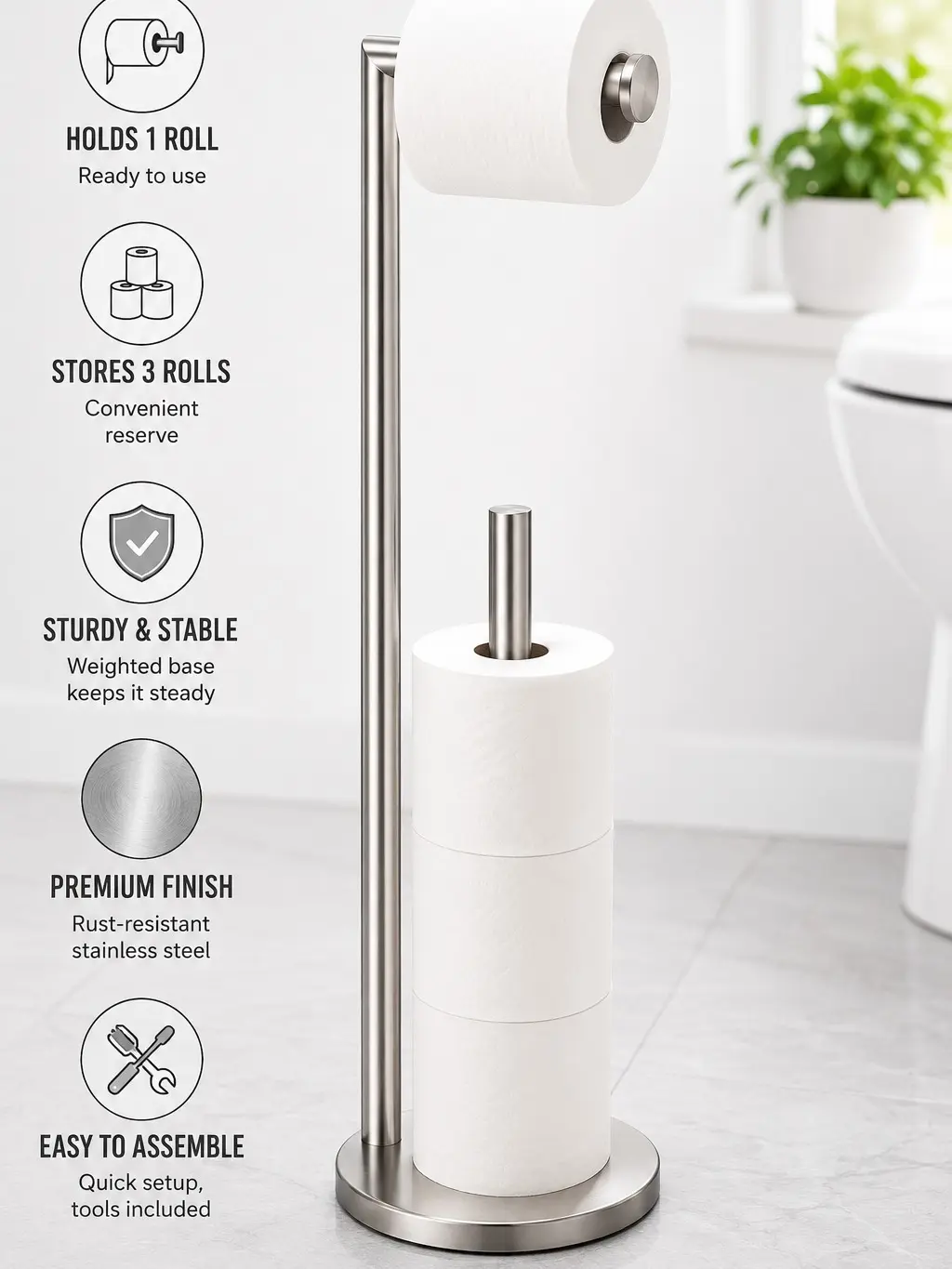 Toilet Paper Holder Stand, Toilet Paper Stand Brushed Nickel, Free Standing Toilet Paper Holder, Toilet Paper Storage
