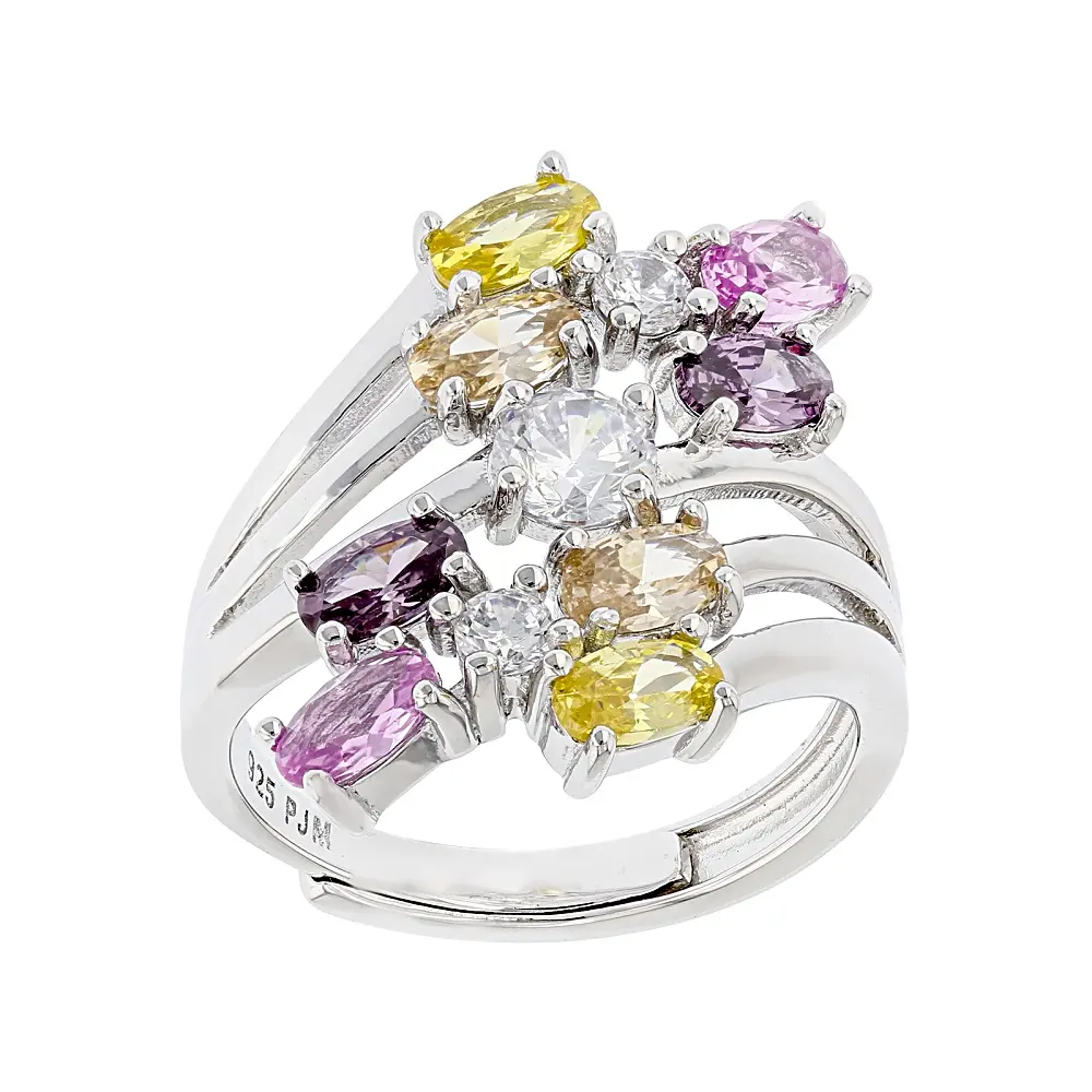 JTV Multi Color Cubic Zirconia and Pink Lab Sapphire Rhodium Over Sterling Silver Bypass Ring 3.22ctw