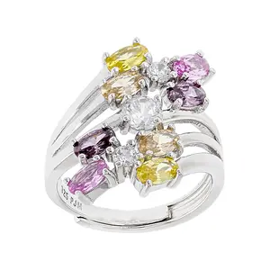 JTV Multi Color Cubic Zirconia and Pink Lab Sapphire Rhodium Over Sterling Silver Bypass Ring 3.22ctw