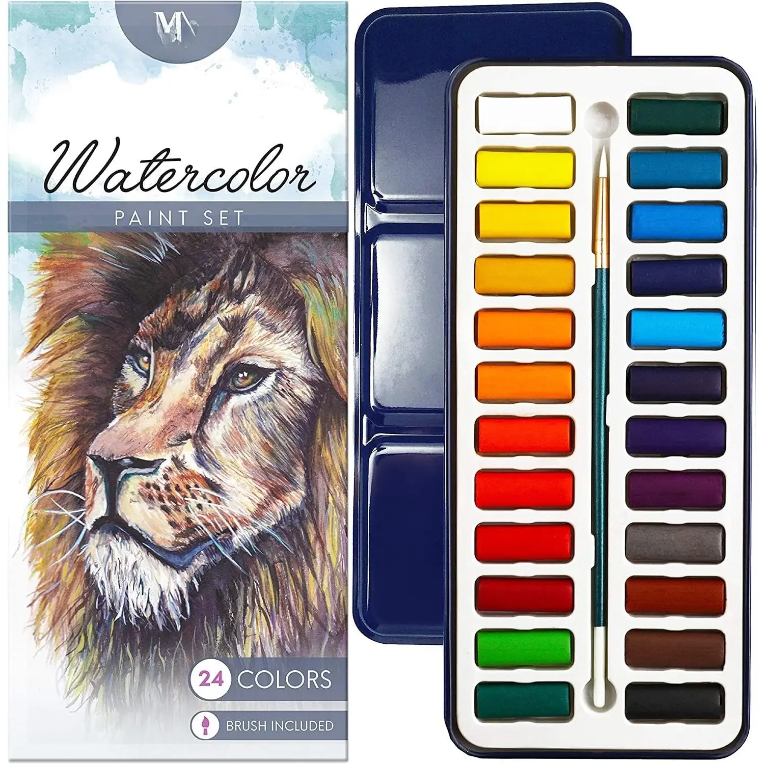 Watercolor  Essentials Set - Lightweight and Portable Metal Box - Lid Has 3 Partitions for Color Mixing - Easy-to-Blend  Formulation - 24 Vibrant Colors with Paintbrush
