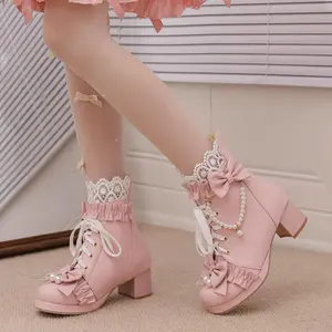Women Cute Lolita Boots Chunky Mid Heel Ankle Boots with Bow Platform Lace Up Booties with Pearl Girl Shoe cowgirl boots Pink Footwear boots for fall