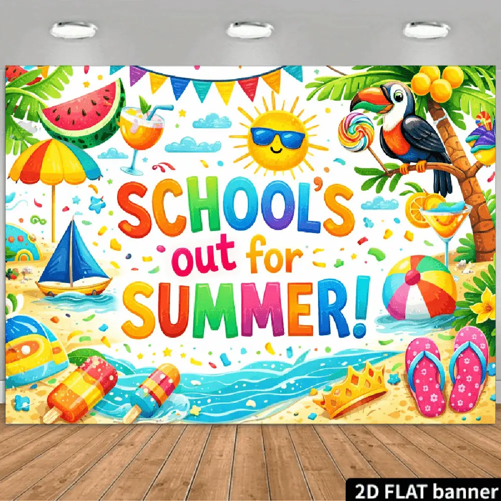 1PC,2D Flat Backdrop School's Out For Summer Party Backdrop, Summer Beach Theme Decoration Backdrop with Watermelon, Sun, Toucan, Sailboat, Ideal for School Summer Events, Graduation & Holiday Party Photo Background