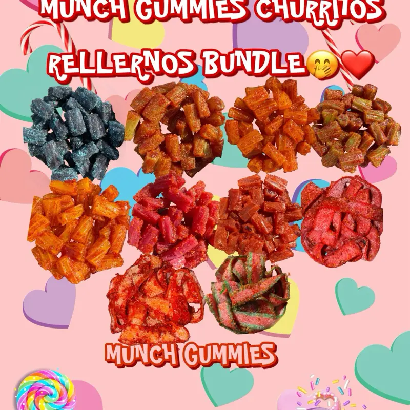 Munch Gummies ~ CHURRITOS RELLENOS BUNDLE ( includes 3 strawberry belts & 6oz chamoy bottle as well)