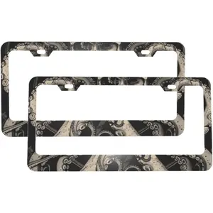 Octopus Skull Matte Aluminum License Plate Frame with Black Screw Caps, 2 pcs 2 Holes Black Licenses Plates Frames, Car Licenses Plate Covers Holders for Us Vehicles/Women/Men ﻿