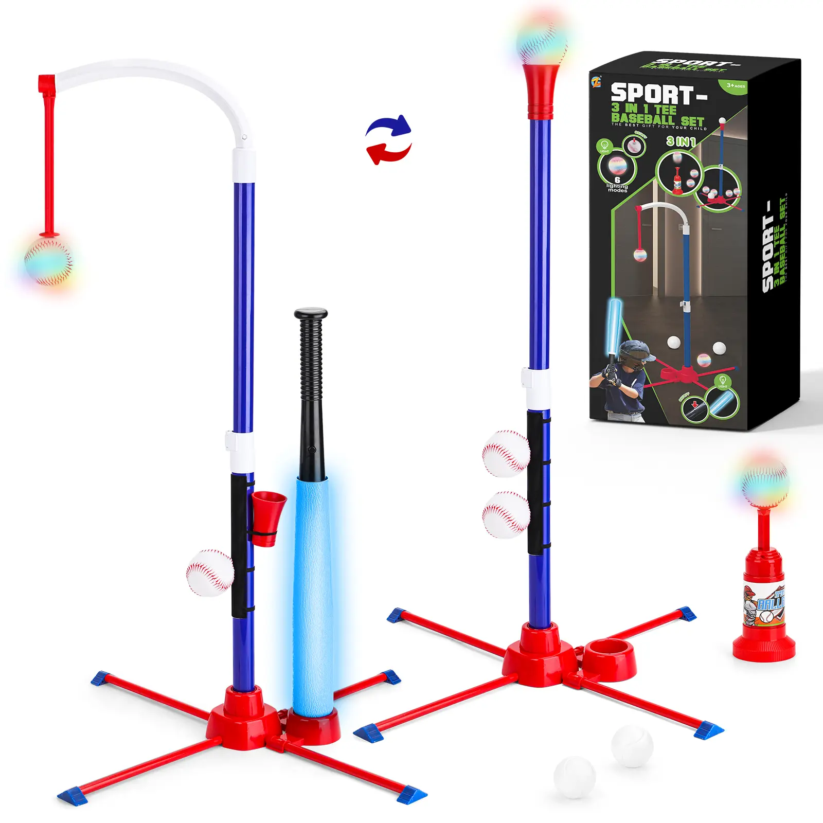 deAO 3-in-1 T Ball Set - LED Tball Set for Kids 3-5, Adjustable Height, Hanging Tee Ball Set with Automatic Pitching Machine/4 Balls/Retractable Bat, TBall Stand Suit for Outdoor, Sport Toys Gifts for Kids Boys Age 3+ #SummerVibes