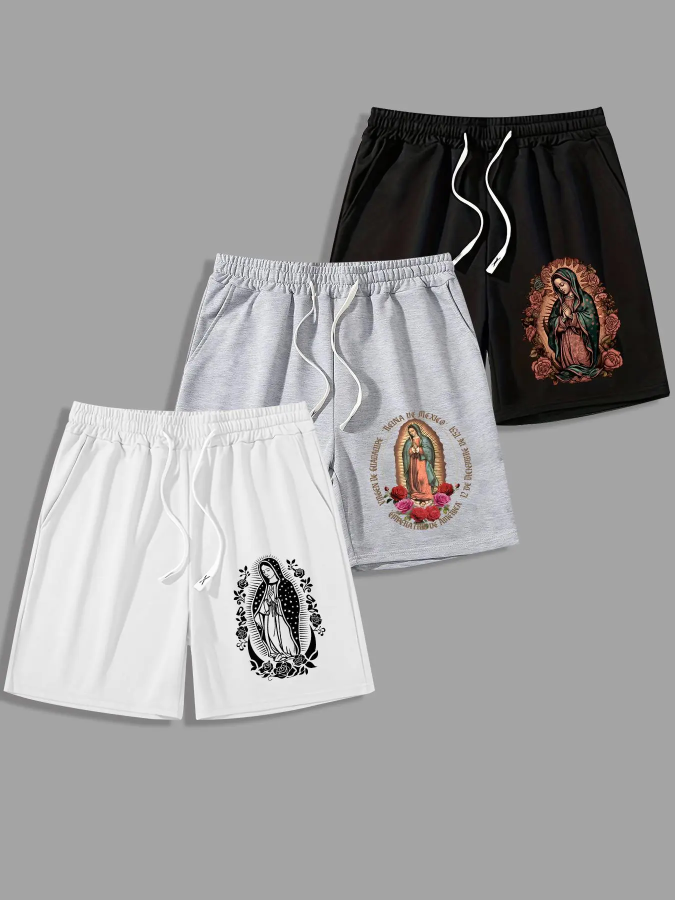 Men's Letter & Virgin Mary Print Graphic Shorts, Drawstring Chic Casual Shorts, Regular Fit Casual Comfy Breathable Shorts for Summer, Men's Bottoms for Daily Wear