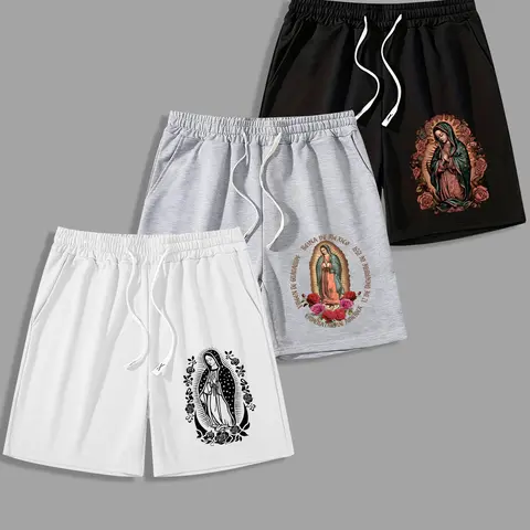 Men's Letter & Virgin Mary Print Graphic Shorts, Drawstring Chic Casual Shorts, Regular Fit Casual Comfy Breathable Shorts for Summer, Men's Bottoms for Daily Wear