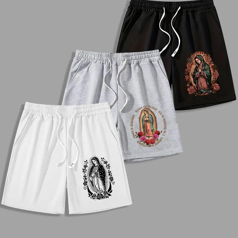 Men's Letter & Virgin Mary Print Graphic Shorts, Drawstring Chic Casual Shorts, Regular Fit Casual Comfy Breathable Shorts for Summer, Men's Bottoms for Daily Wear
