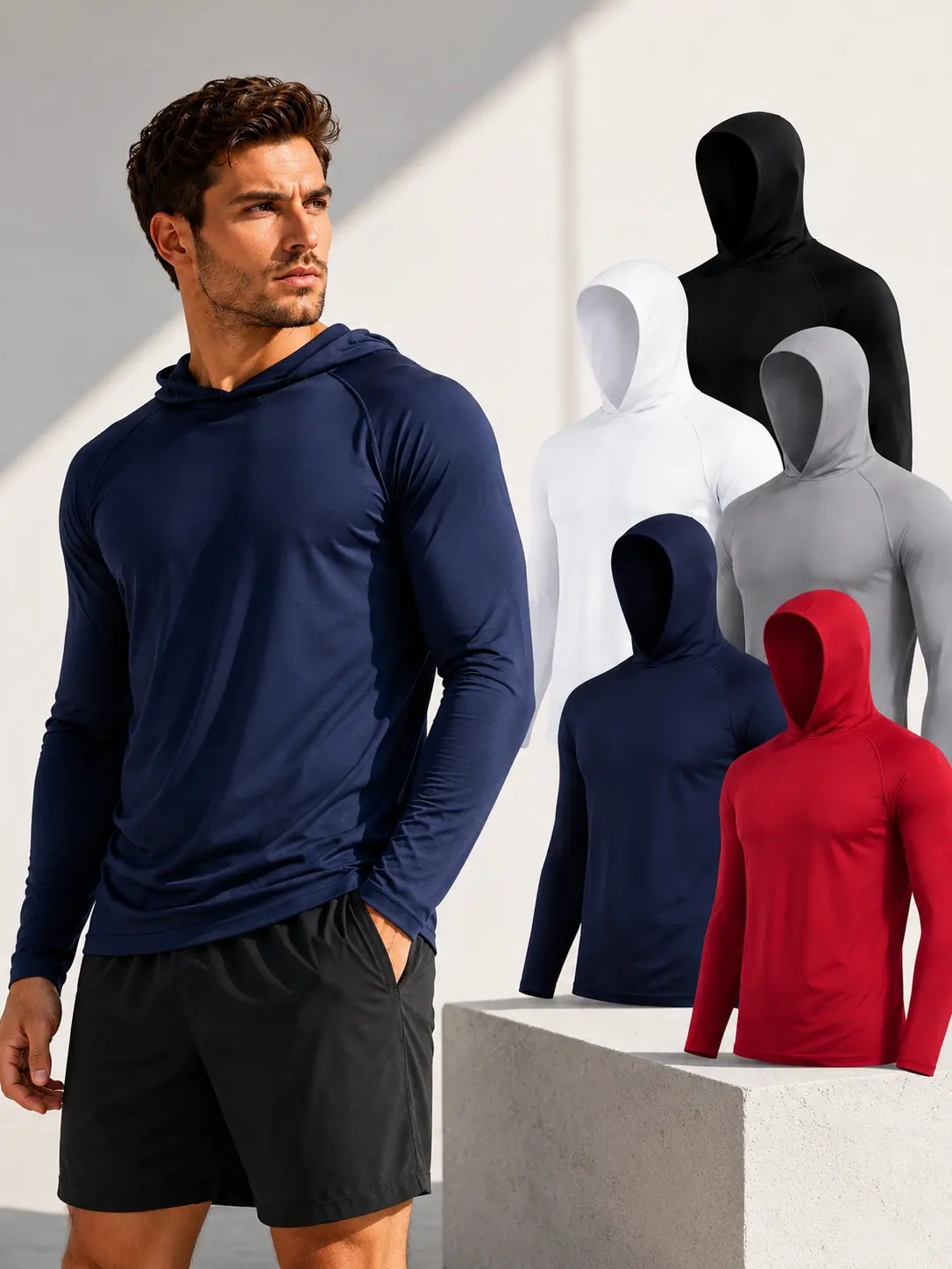 Men's 5-Pack Athletic Activewear Value Set - Polyester Mix Mesh Fabric Long Sleeve Hooded Tight Shirts, Sun Protection Full Coverage Quick Drying Sport Hoodies, Cold Wash Safe for Fitness, Daily Casual Wear
