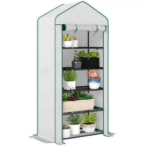 Outsunny 5 Tier Mini Greenhouse, 76" x 35.4" x 19.3" Small Portable Greenhouse with Reinforced PE Cover, Roll-Up Zippered Door, for Indoor Outdoor Garden Yard Backyard, White