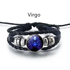 Vintage Black Leather Zodiac Bracelet, Adjustable Constellation Charm Wristband, Unisex Astrology Jewelry, Perfect Birthday Gift for Horoscope Lovers