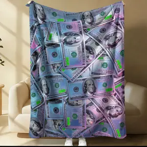 Neon 100 Dollar Bill Flannel Blanket, Benjamin Franklin Head Printed Blanket, Skin-Friendly Breathable Cyber Style Warm Blanket, Suitable for Bedrooms & Living Rooms & Dormitories, All-Seasons Use