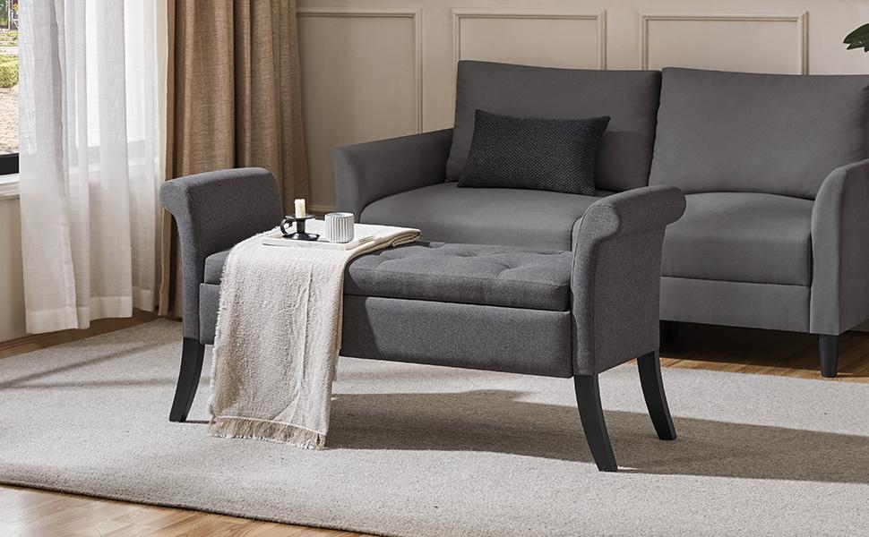 Yaheetech 52in Storage Bench Ottoman Bench Tufted Entryway Bench with Rolled Armrests Footstool with Large Storage, Fabric/Faux Leather Yaheetech 52in Storage Bench Ottoman Bench Tufted Entryway Bench with Rolled Armrests Footstool with Large Storage, Fabric/Faux Leather