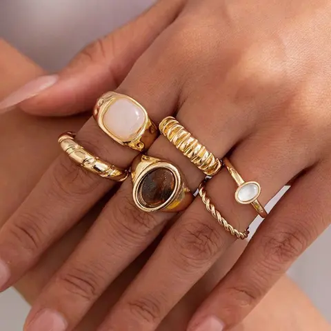 Minimalist Temperament Ring Set, Fashion Rings, Zinc Alloy Material, Geometric Design, Set of Six, Fashion Accessories for Women & Girls, Trendy All-match & Exquisite Jewelry, Gift Ready, Fashionable Jewelry