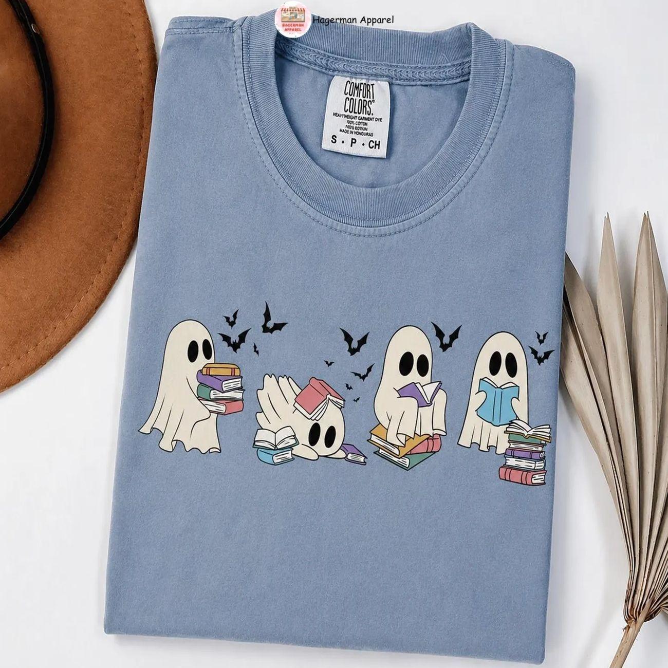Cute Ghost Book Lover Shirt, Comfort Colors Halloween Tee, Spooky Season, Cute Ghost Graphic Tee, Full Size, Soft Cotton.