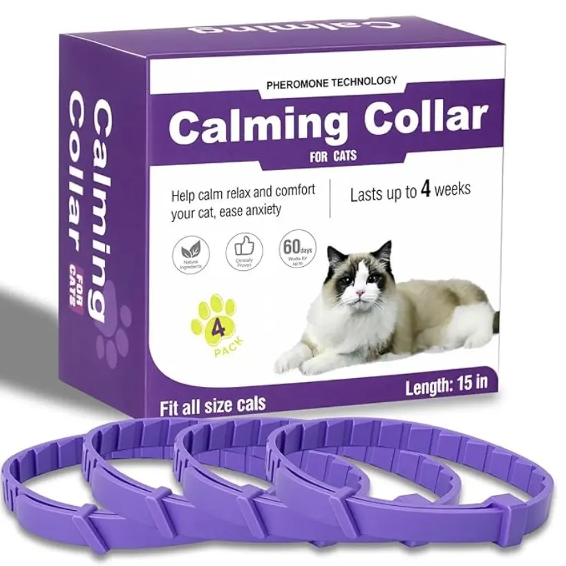 Cat Anxiety Relief Collar, 4-Pack Pheromone Collars, Adjustable 15 Inches, Reduces Noise Fear, Scratching, Separation Anxiety