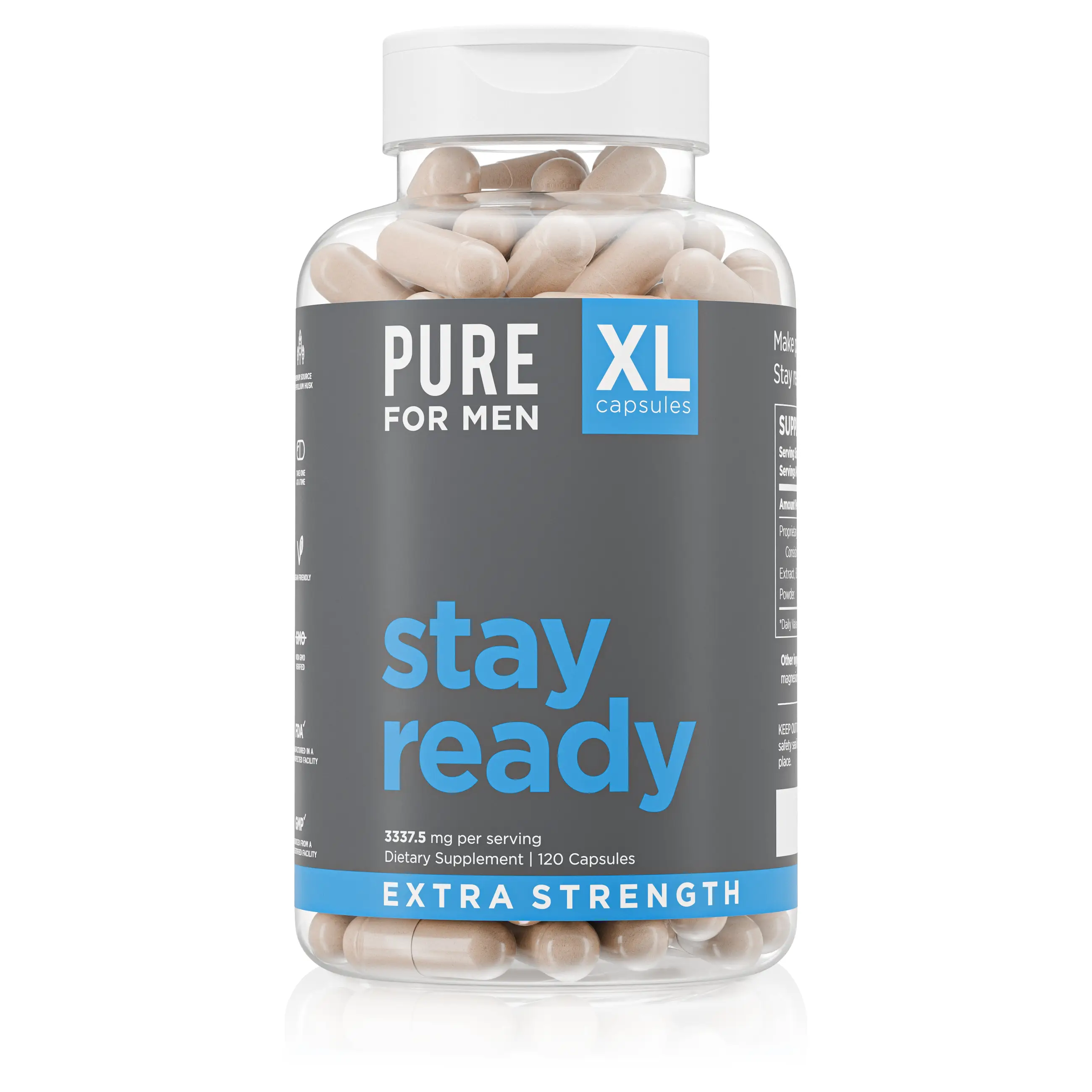 Extra Strength Stay Ready Fiber Capsules | Pure for Men | Gut & Cleanliness Support | Digestive Regularity Support | Psyllium Husk, Aloe Vera, Chia Se
