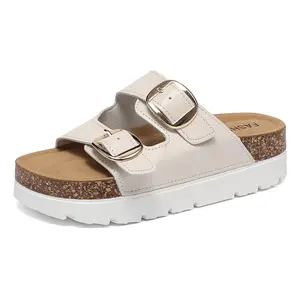 Women's Slides Sandals with Cork FootbedOpen Toe Flat Sandals for Women Adjustable DoubleBuckles Comfortable Slip On Slippers for SummerParty Casual Shoes Dealsforyoudays Genuine leather and thick-soled sandals