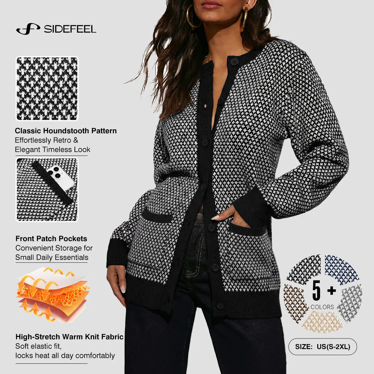 Sidefeel Women's Houndstooth Cardigan Sweaters | Button Down, Long Sleeve, Front Patch Pockets, High‑Stretch Warm Knit, Classic Houndstooth Pattern, Relaxed Fit, Fall and Winter Outerwear