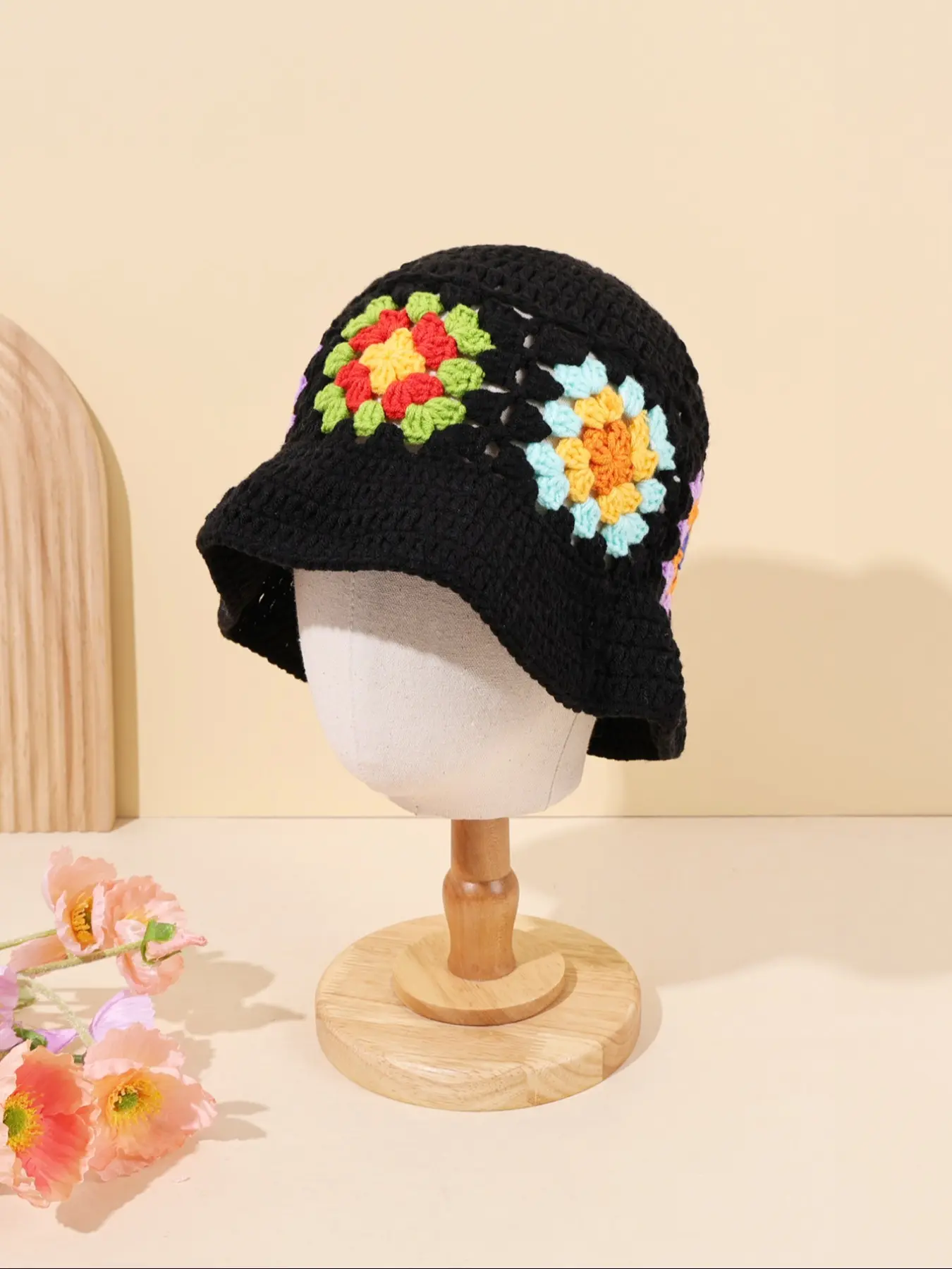 Handmade Crochet Hollow 3D Flower Knitted Cap, Fitted Style for All Seasons, Casual Fashion Accessory for Daily Wear